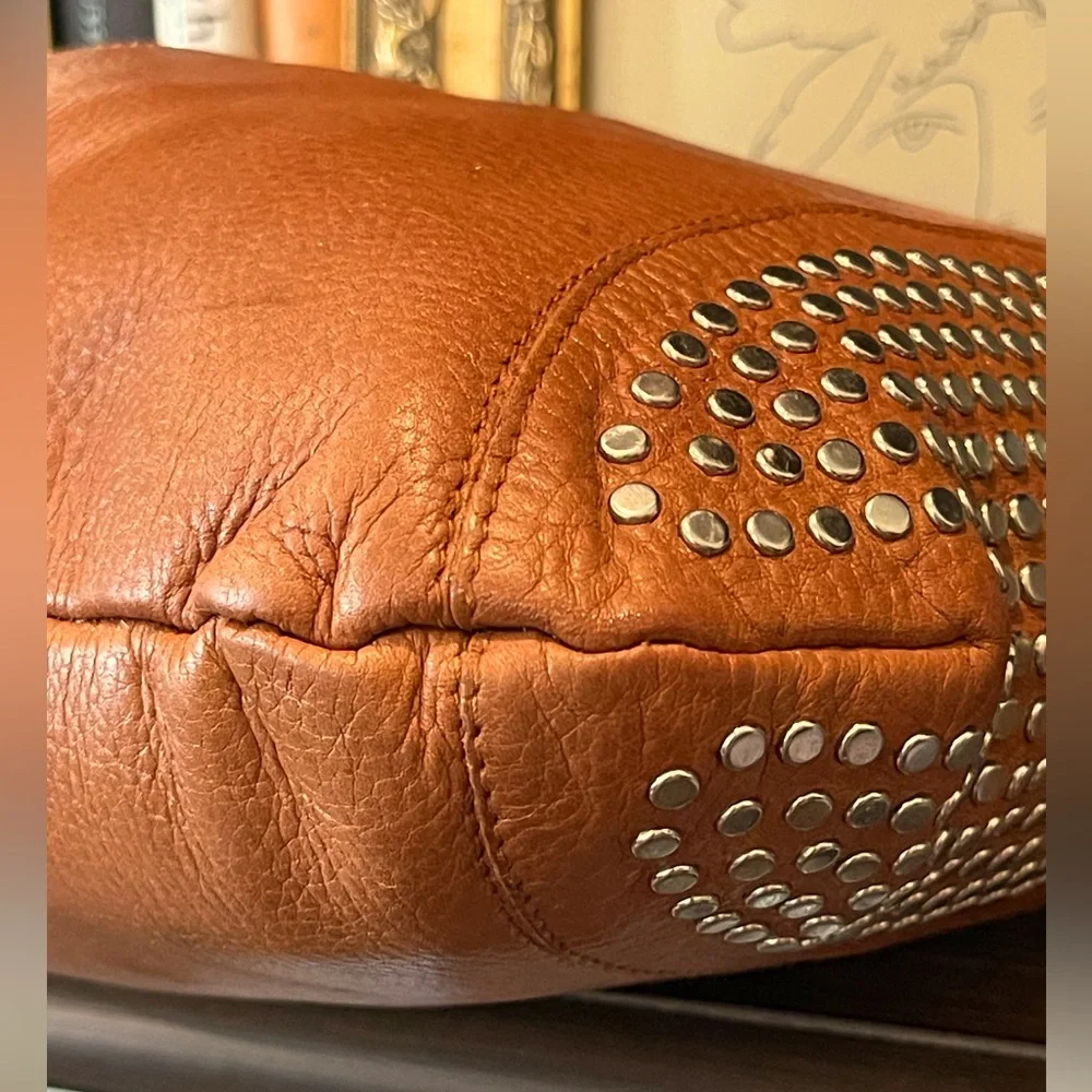 Furla Fantasia Camel Pebbled Leather Silver Tone Studded Shoulder Hobo 15”x 10”